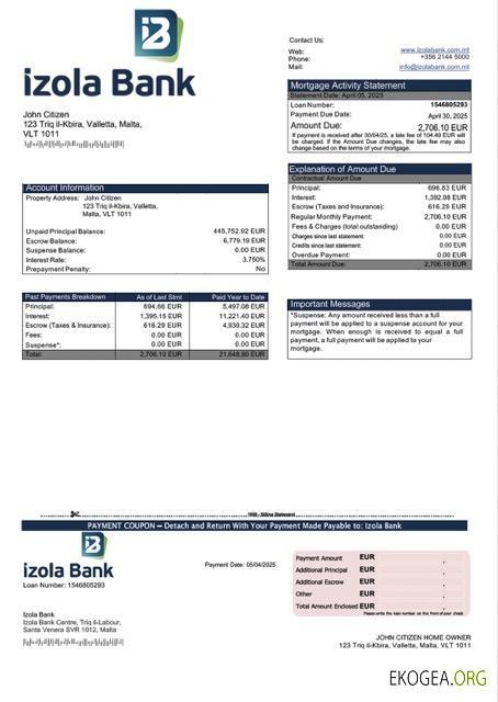 Modèle Word et PDF de relevé hypothécaire de la Malte Izola Bank